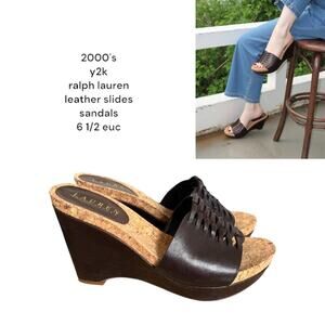y2k vtg. Ralph Lauren  Brown leather platfor,m slides sandals heels size 6 1/2